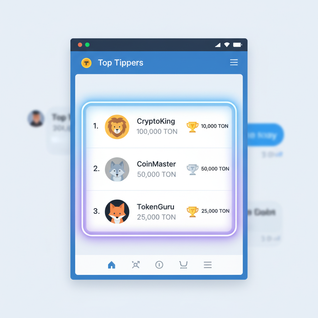 leaderboard UI in Telegram app, top tippers ranked with Toncoin trophies, neon leaderboard glow