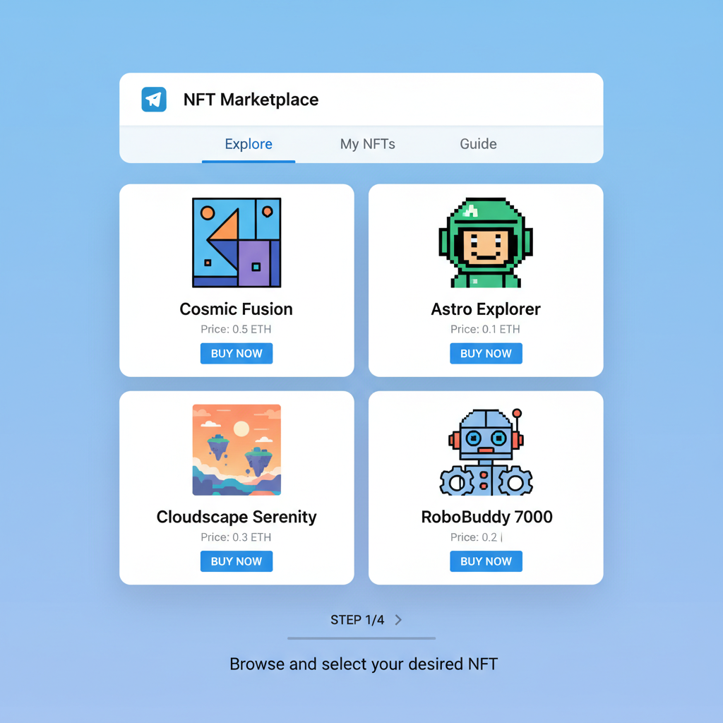 NFT marketplace grid in Telegram Mini App, listed artworks with prices, buy buttons, sleek card design