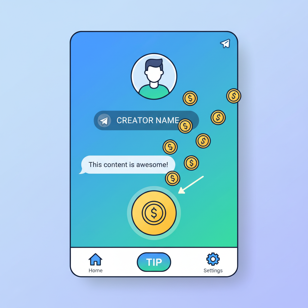 Telegram app screen showing SocialFi tipping button, coins flying to creator profile, vibrant UI