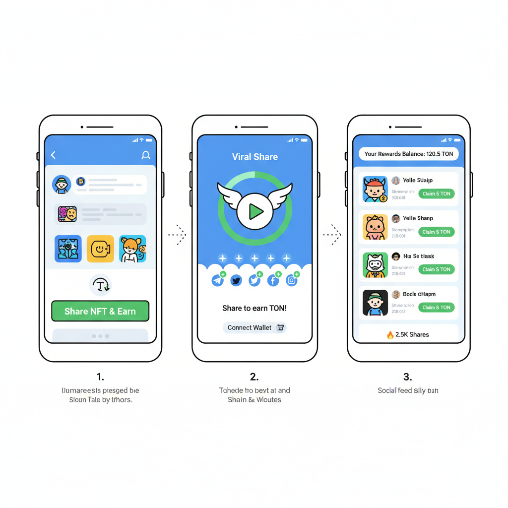 User sharing NFT in Telegram chat, viral share button, social feed with TON rewards, dynamic mobile UI