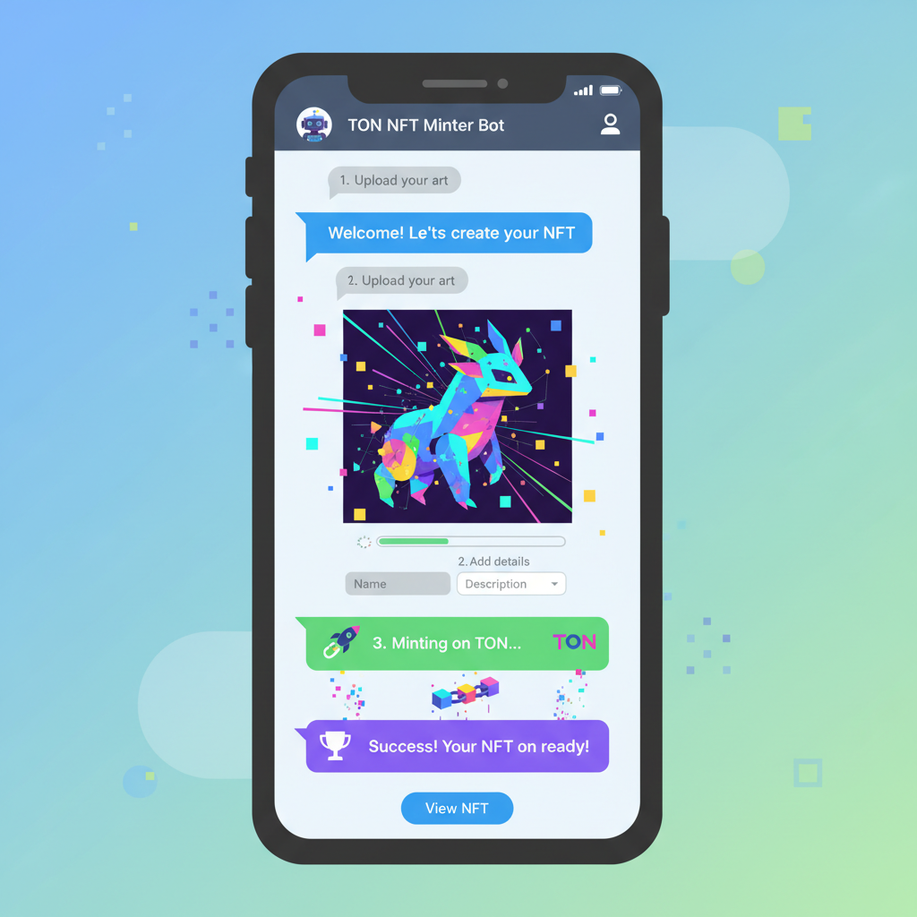 NFT minting interface in Telegram app, colorful digital art being created, TON blockchain animation, vibrant pixels