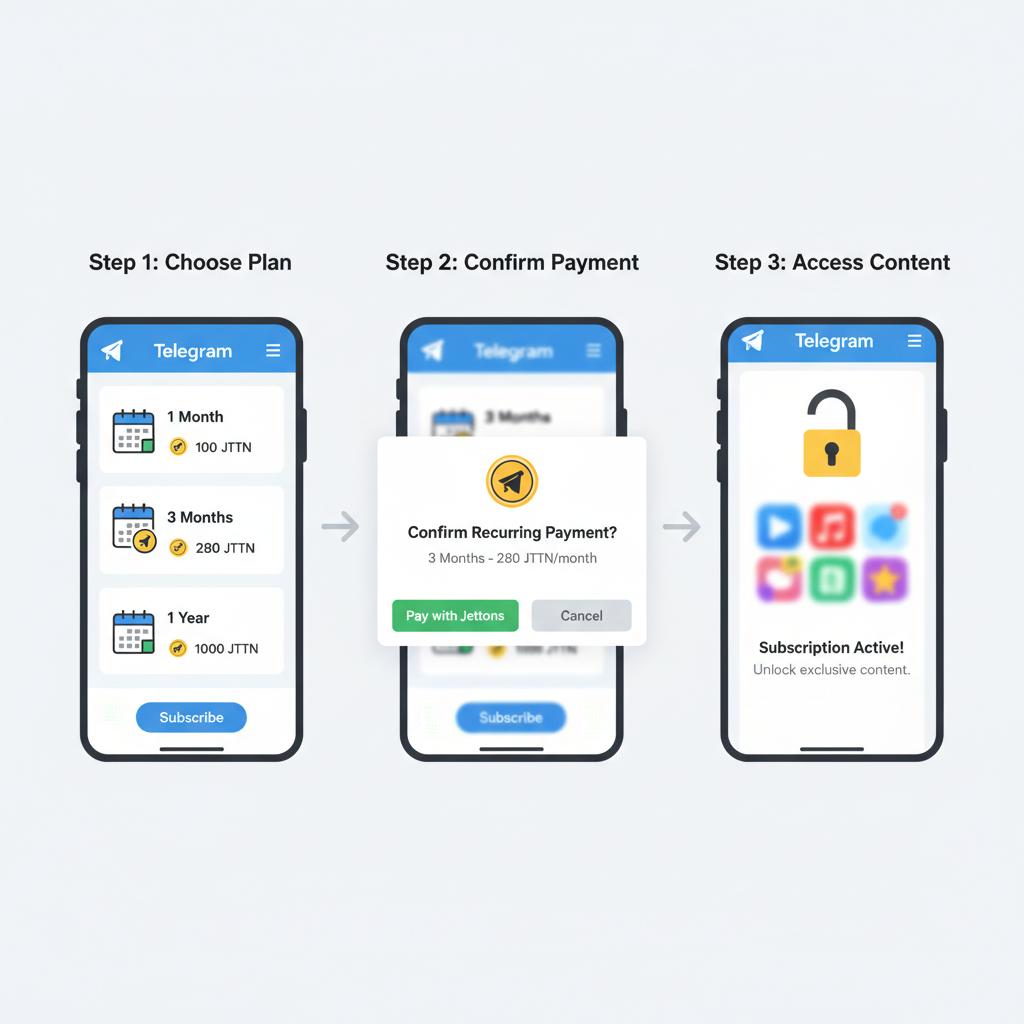 subscription flow in Telegram Mini App, calendar icons with recurring Jetton payments, locked content unlock