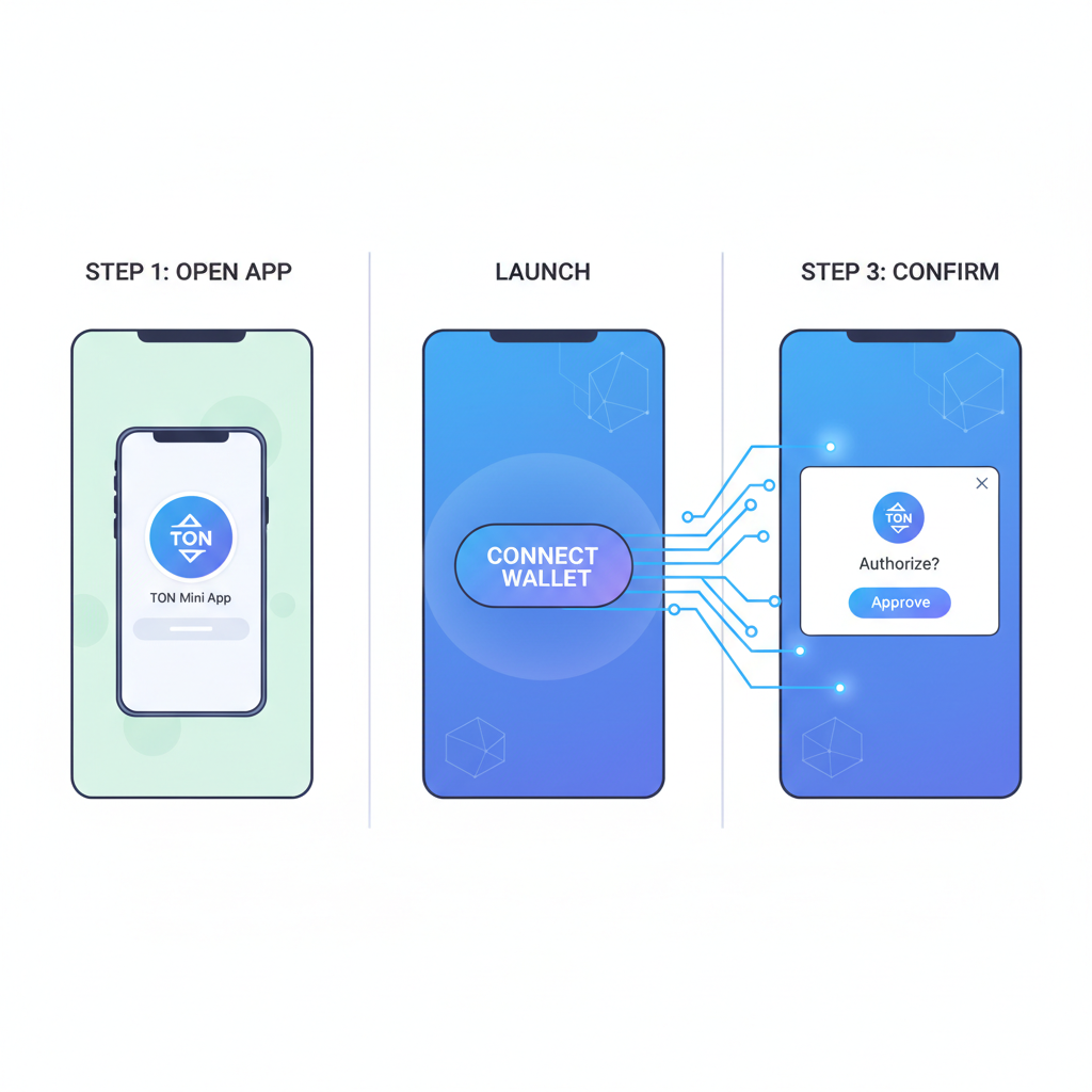 User connecting TON wallet in Telegram Mini App, seamless UI flow, glowing connect button, futuristic blockchain graphics