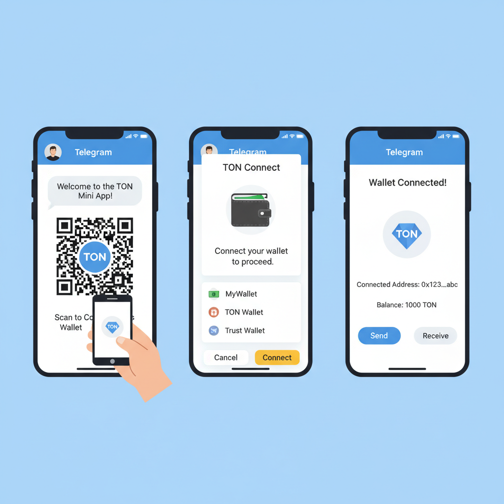 Telegram Mini App UI integrating TON Connect wallet, user scanning QR code, crypto wallet popup