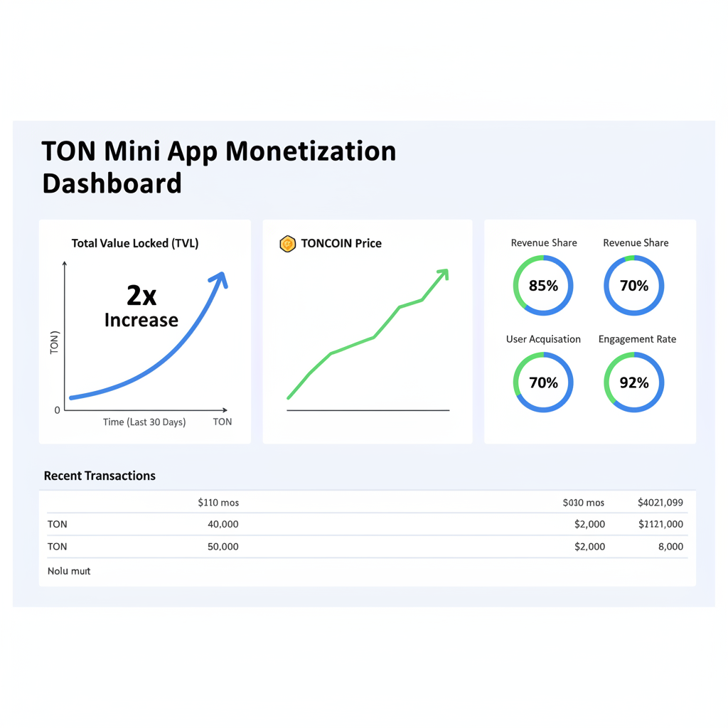 monetization dashboard for TON Mini App, charts showing TVL doubling, Toncoin price graph rising