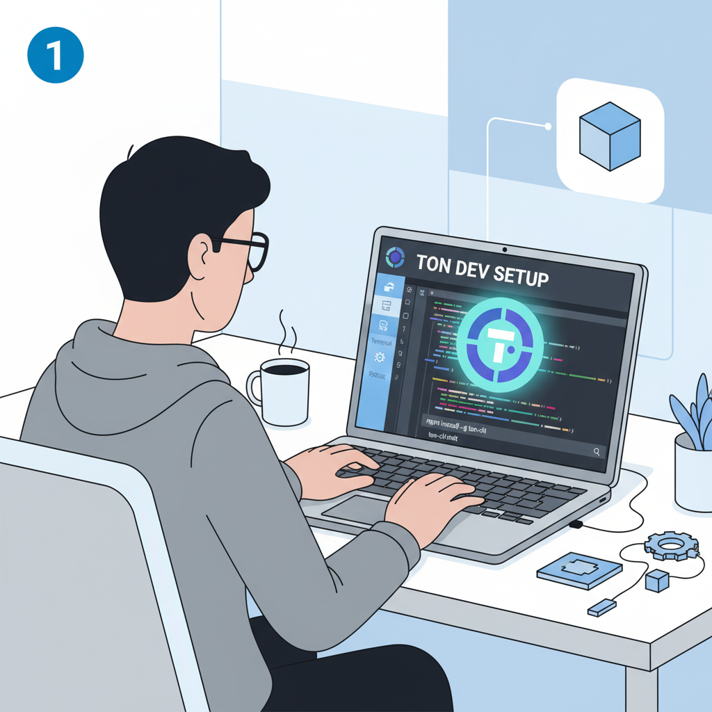 developer setting up TON blockchain dev environment on laptop, code editor open, TON logo glowing