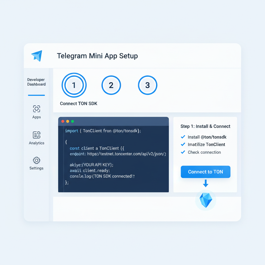 Telegram Mini App setup screen with TON SDK code snippets, developer dashboard, blue TON branding, clean UI