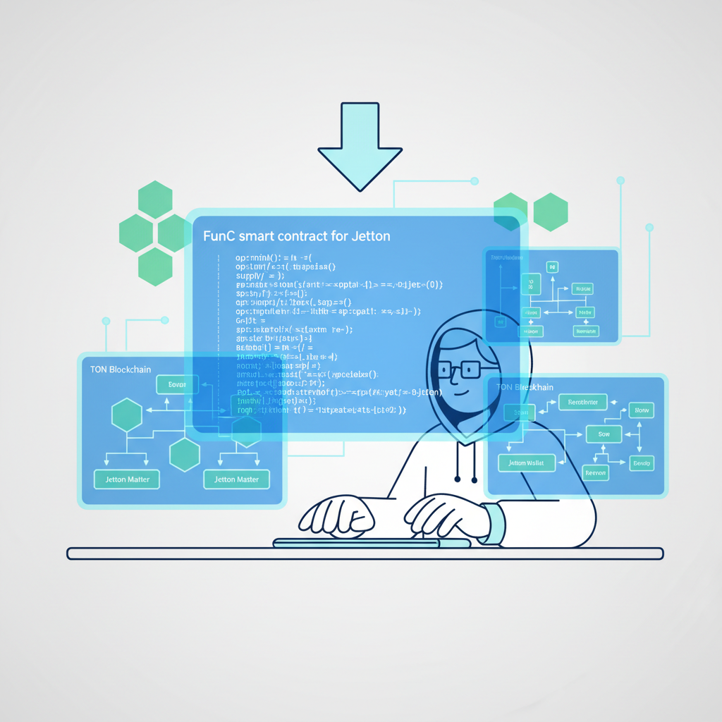 coder writing FunC smart contract code for TON Jetton, holographic screens with blockchain diagrams