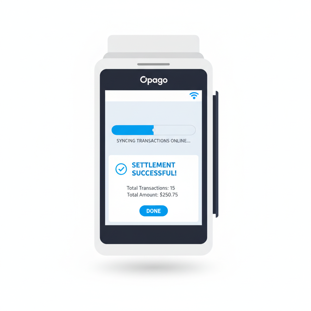opago POS terminal syncing transactions online, progress bar, connected wifi icon, successful settlement screen