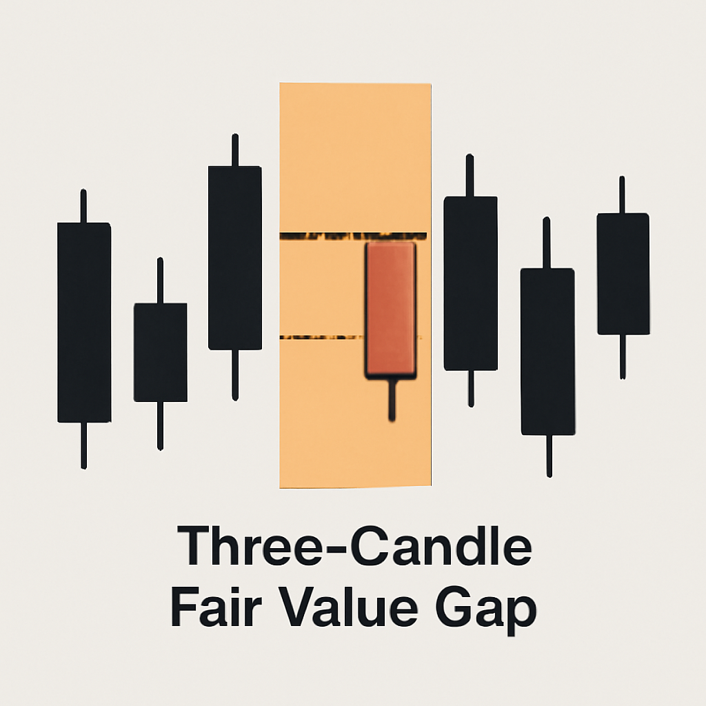 A candlestick chart showing a highlighted three-candle fair value gap pattern, with non-overlapping wicks and a visible gap.