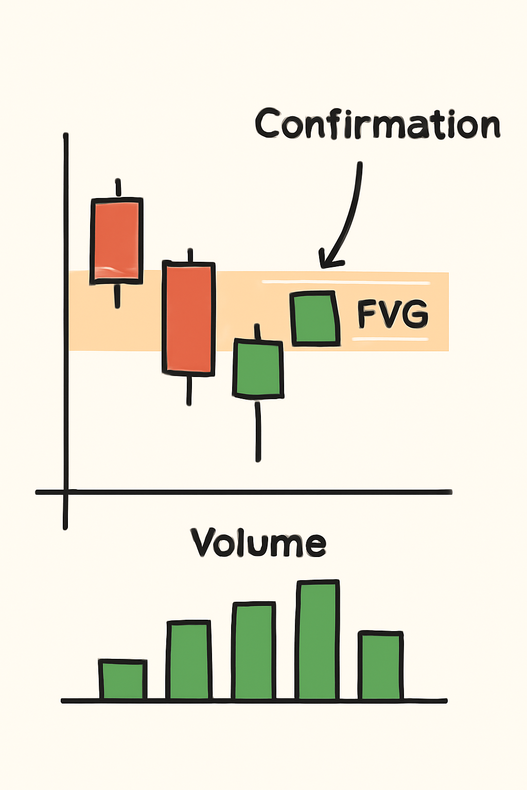A zoomed-in chart segment showing a confirmation candlestick pattern (like a hammer) forming within a highlighted FVG zone, with volume bars below.