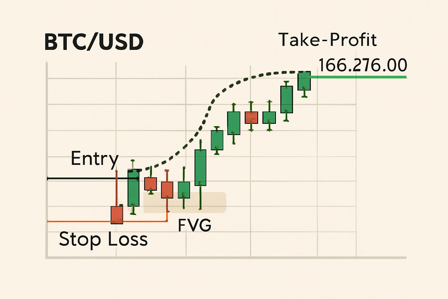 A BTC/USD chart with marked entry, stop-loss just beyond the FVG, and take-profit at recent high ($105,276.00), including a trailing stop line.