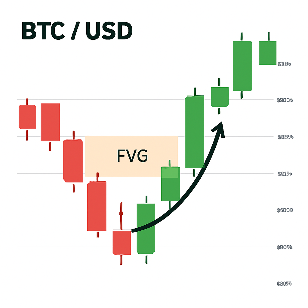 A BTC/USD chart showing price retracing into a highlighted FVG zone, with an arrow indicating the movement into the gap.