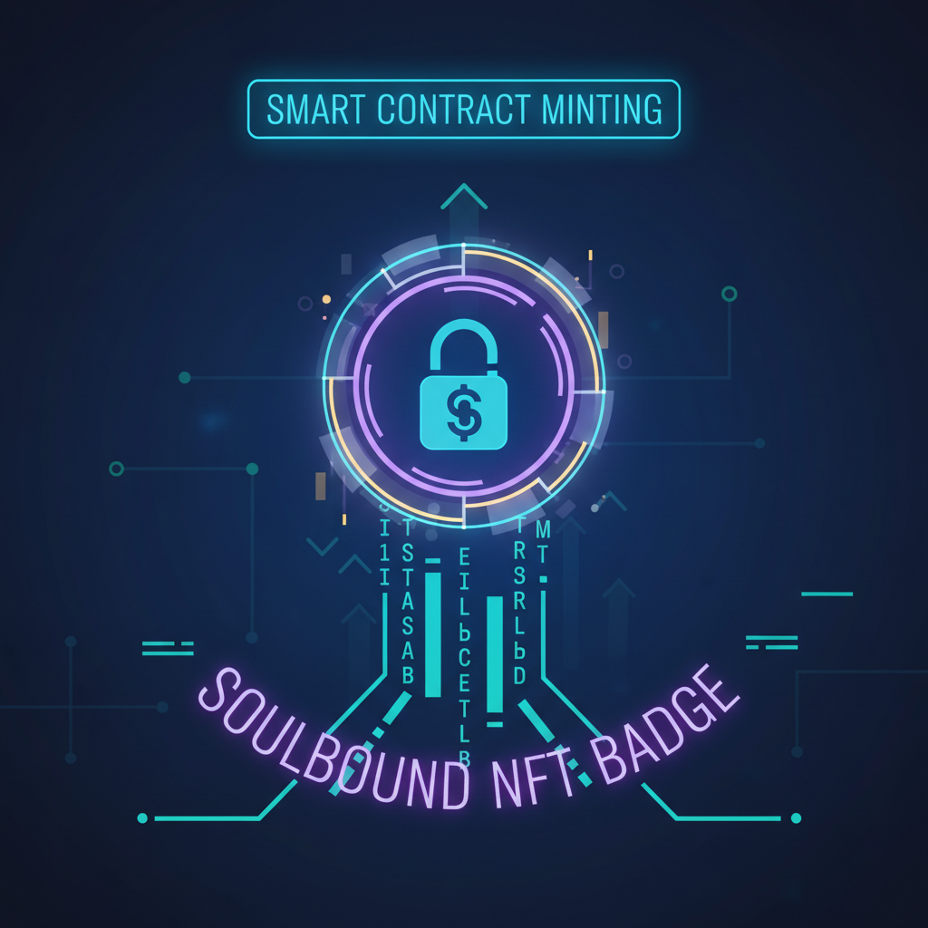 smart contract minting soulbound NFT badge, ethereal digital badge emerging from code, neon glow