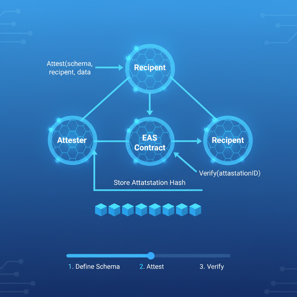 ethereum attestation service schema diagram, glowing blue blockchain nodes, futuristic UI
