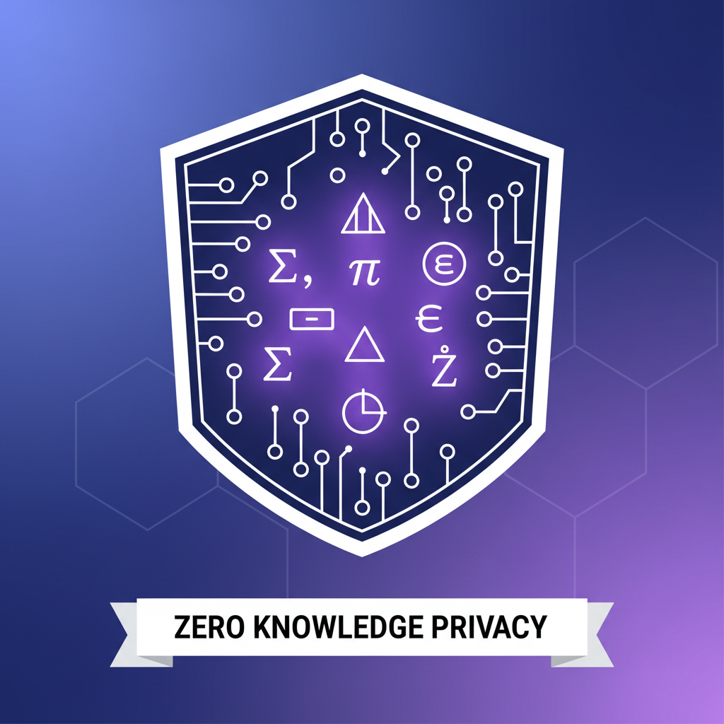 zero knowledge proof circuit diagram, abstract math symbols glowing purple, blockchain privacy shield