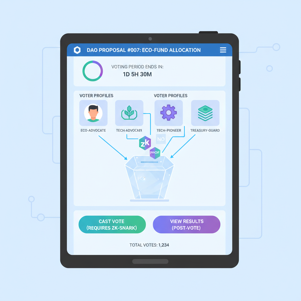 DAO voting interface with NFT badges, voters casting zk proofs, holographic ballot box