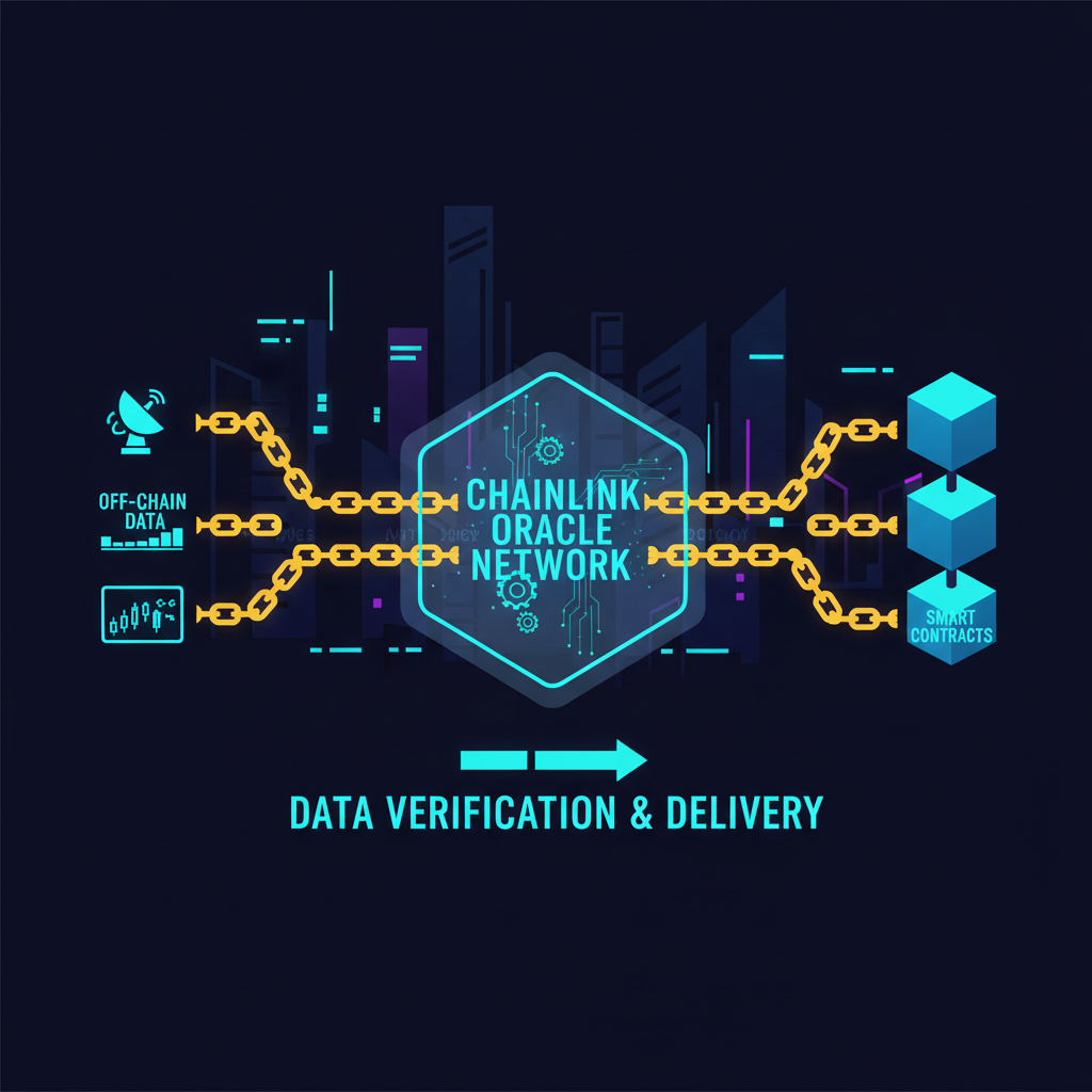 chainlink oracle network verifying data, golden chains linking off-chain to blockchain, cyberpunk style
