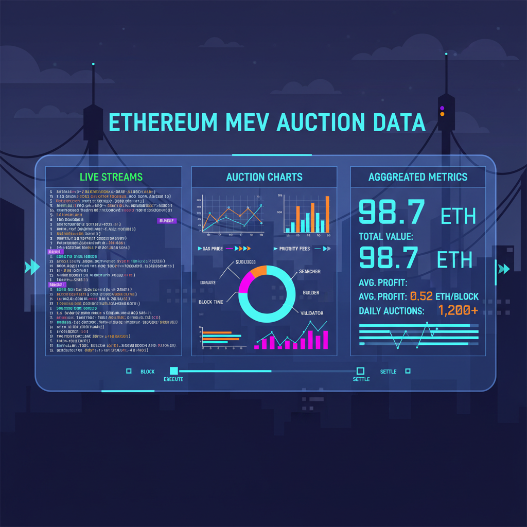 cyberpunk dashboard aggregating Ethereum MEV auction data streams and charts