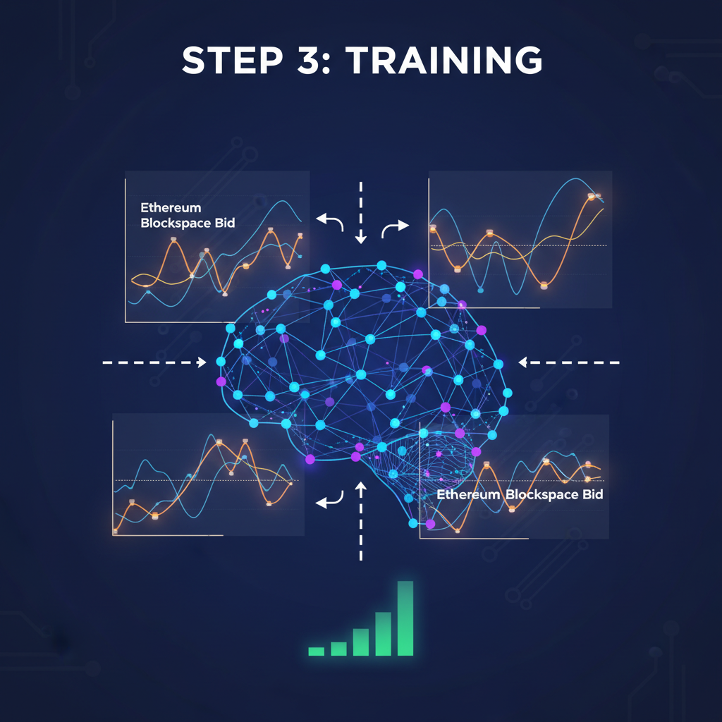 neural network training visualization with Ethereum blockspace bid graphs glowing
