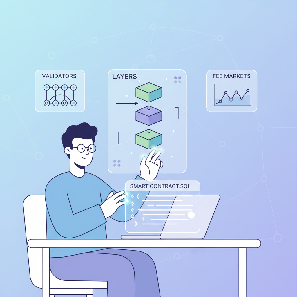 developer customizing blockchain layers validators fee markets code editor holographic display