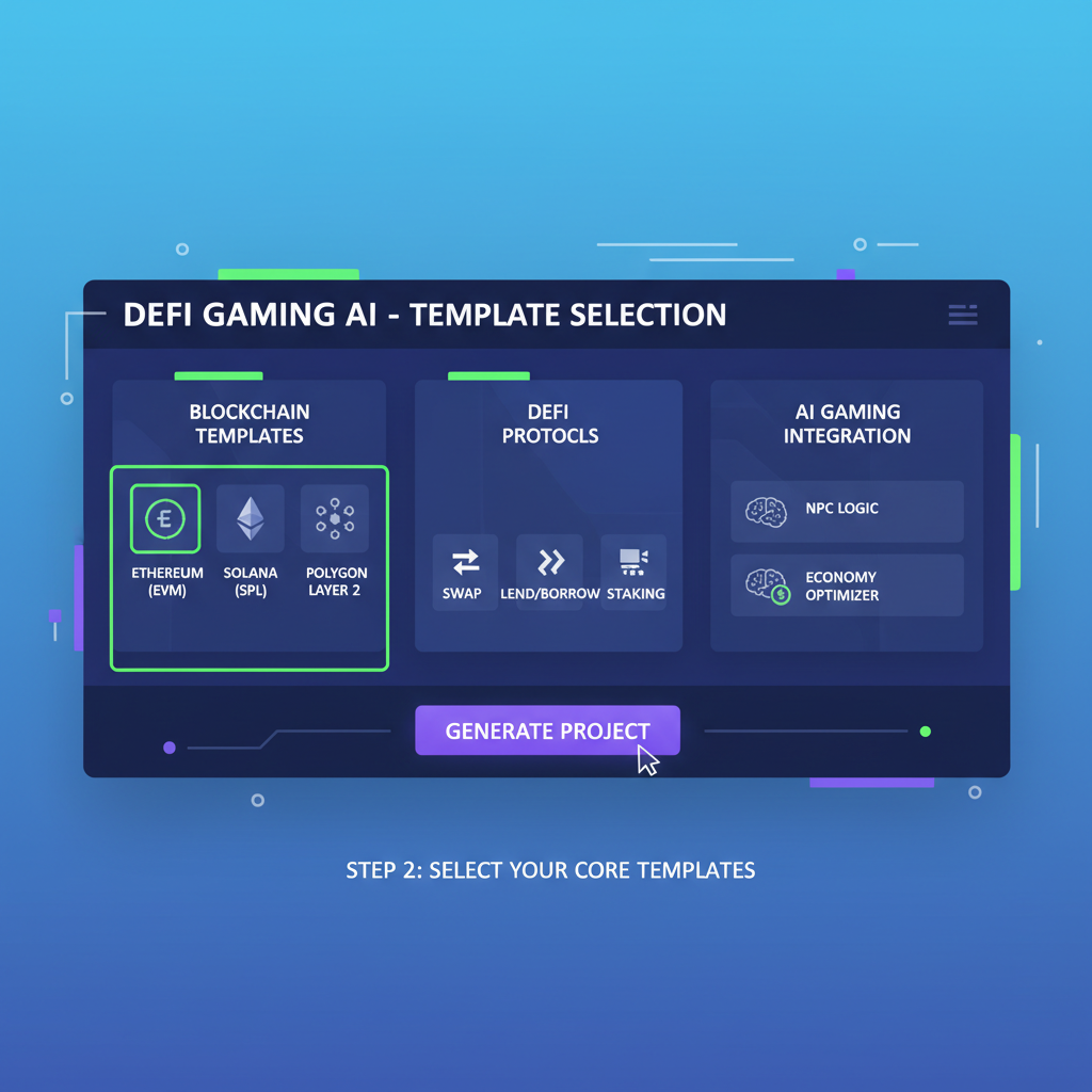 sleek dashboard selecting blockchain templates for DeFi gaming AI futuristic UI