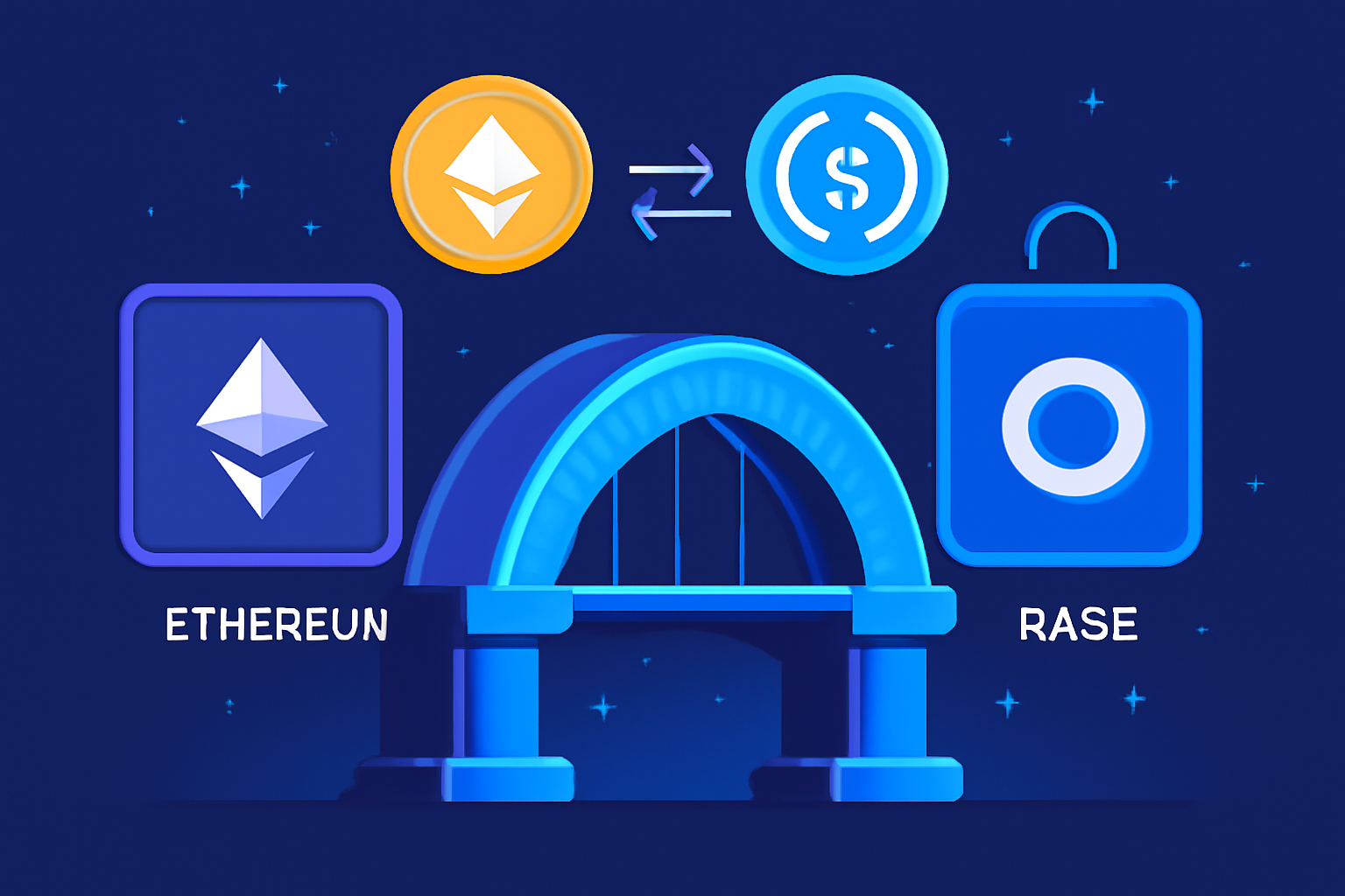 A digital bridge connecting Ethereum and Base blockchains, with ETH and USDC tokens moving across. Futuristic, secure, and vibrant colors.