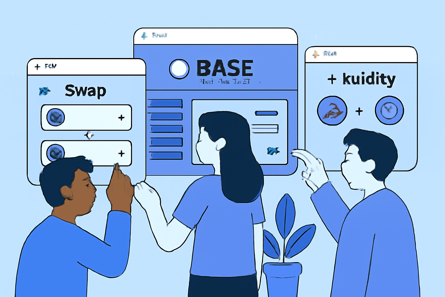 Users interacting with various DeFi apps on the Base network dashboard, swapping tokens and providing liquidity. Lively, tech-focused atmosphere.