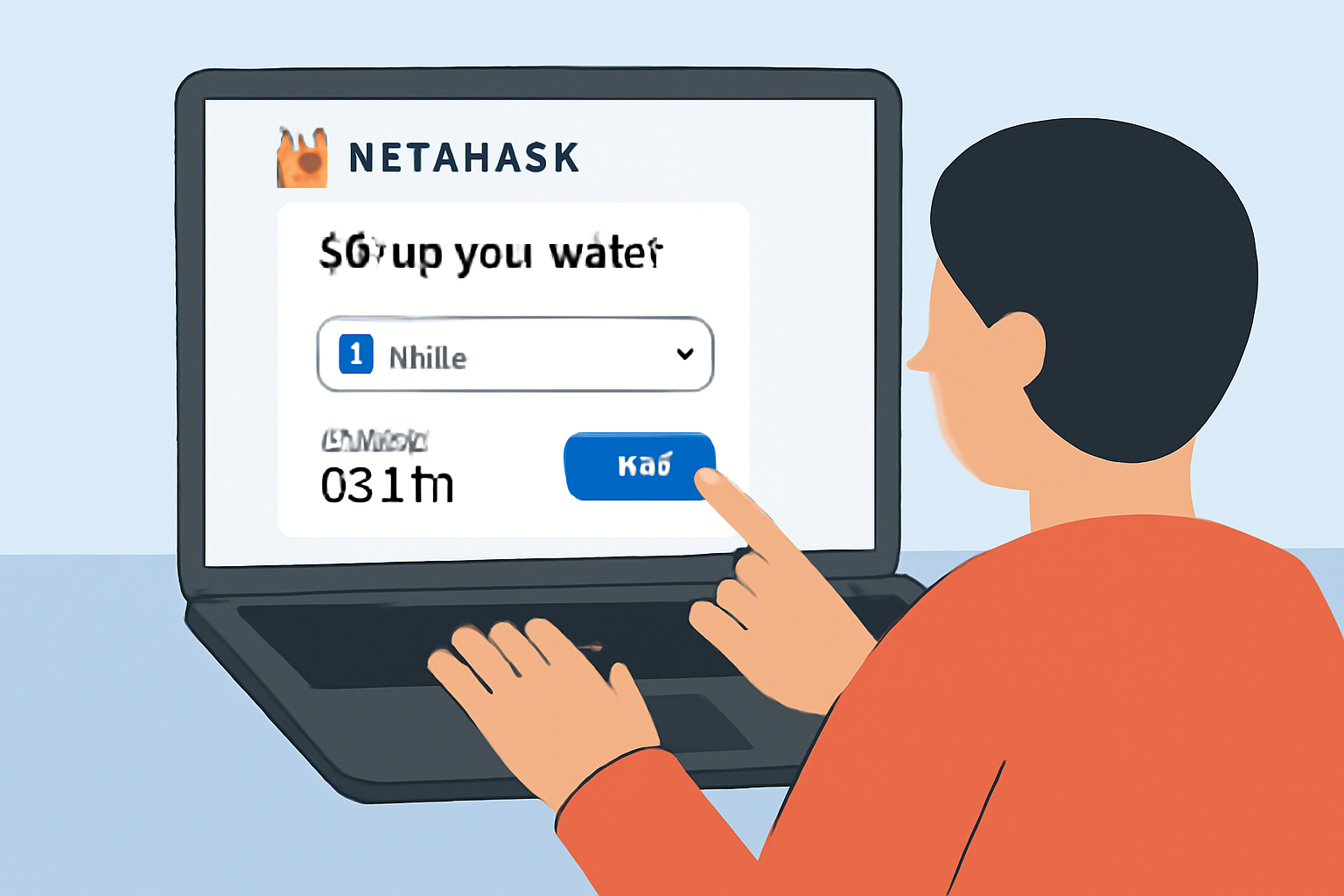 A person setting up MetaMask wallet on a laptop, selecting the Base network, and adding ETH to their balance. Clean UI, modern crypto dashboard.