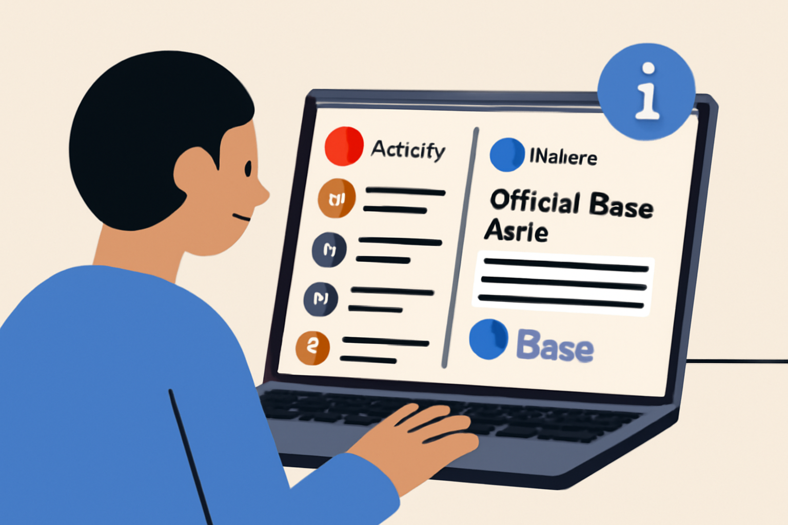 A user checking their crypto activity log and reading official Base news on a laptop, with notification icons. Modern, informative, and trustworthy vibe.