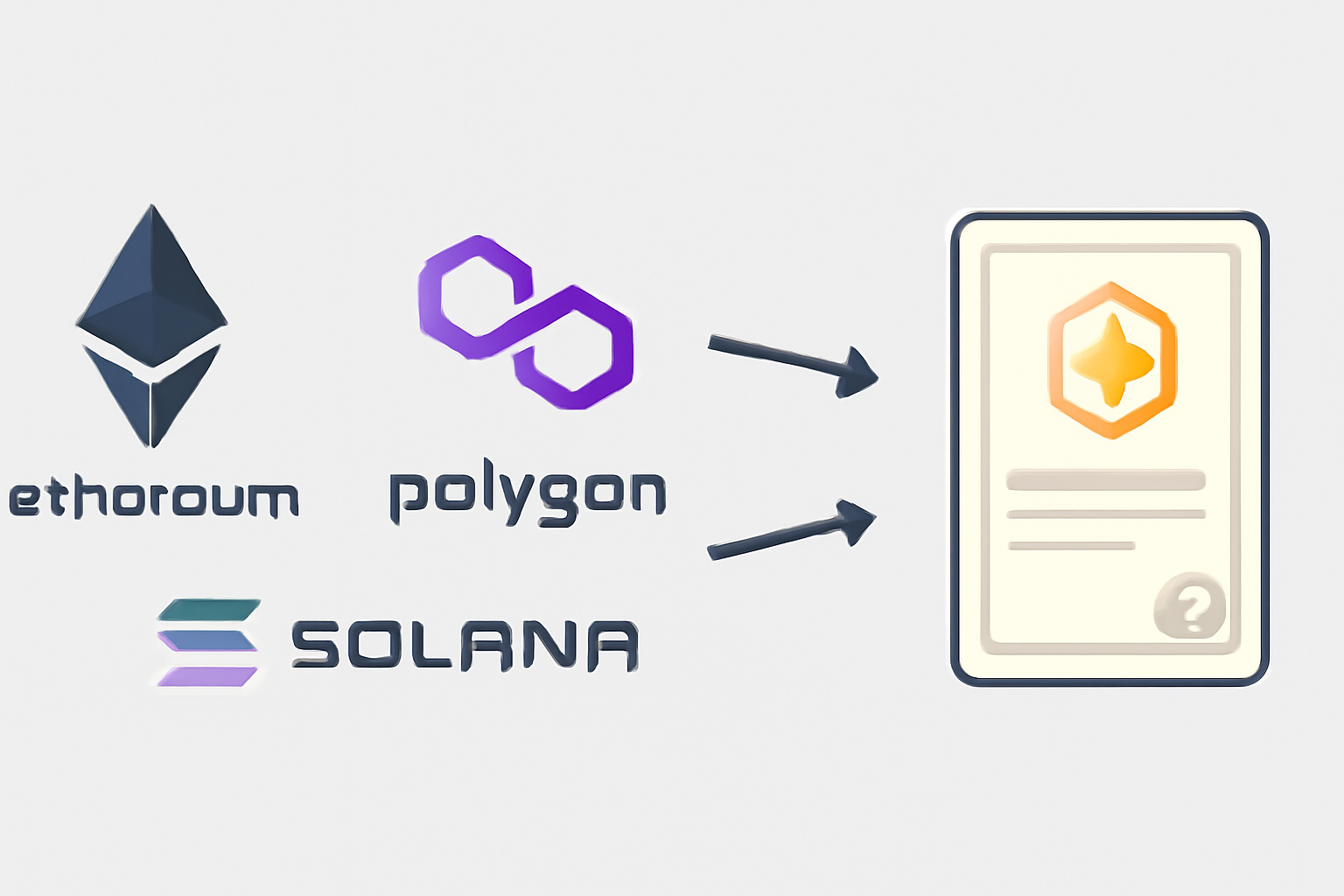 Logos of Ethereum, Polygon, and Solana side by side, with arrows pointing to a digital trading card, symbolizing choice of blockchain.
