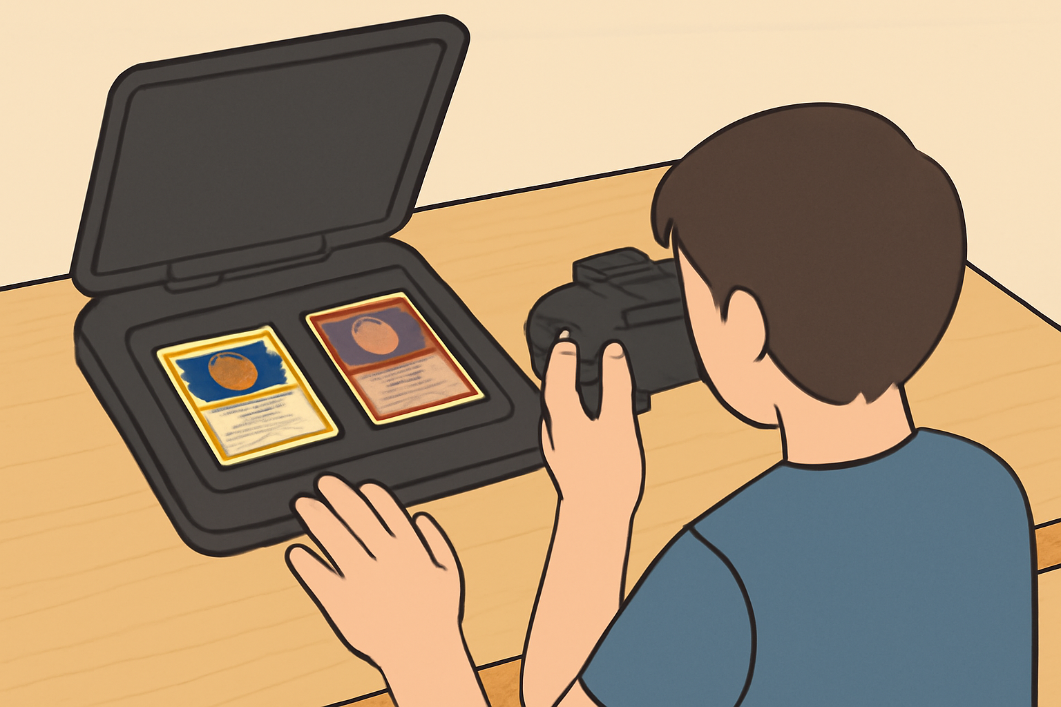 A person carefully scanning and photographing rare Pokémon and Magic cards on a well-lit desk, with a scanner and camera visible.