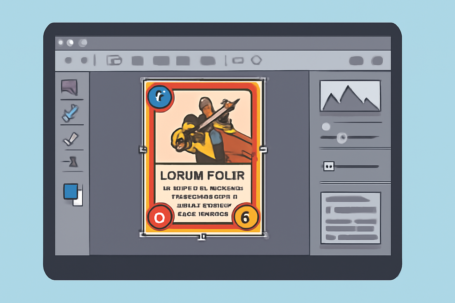 A computer screen displaying a digital editing program with a trading card image being enhanced and annotated with stats and lore.