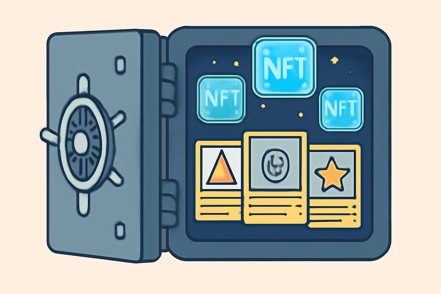 A vault door opening to reveal rare trading cards, with digital NFT tokens floating above them, symbolizing secure storage and tokenization.