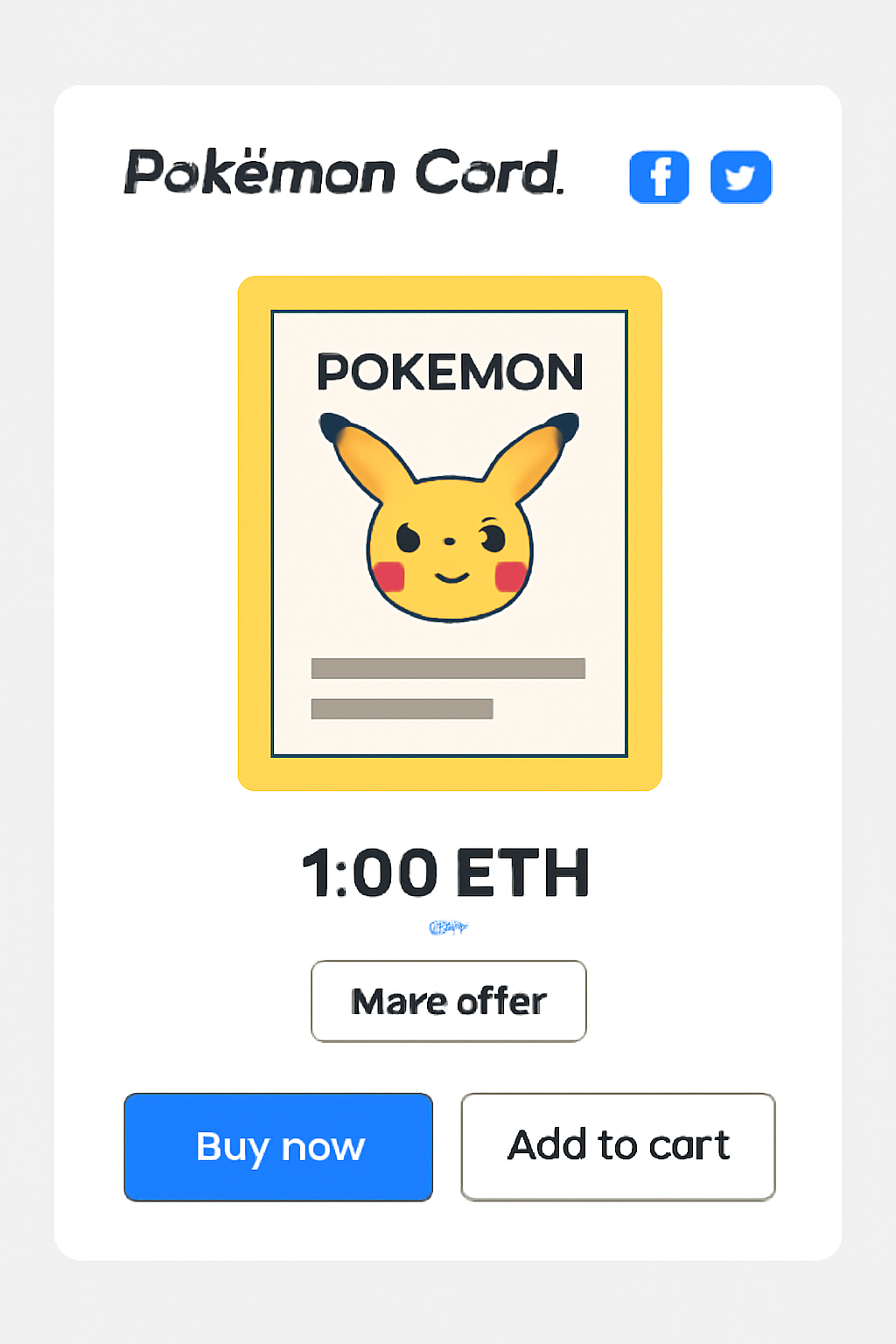 A digital marketplace page showing a listed Pokémon card NFT with price options and social media sharing buttons.