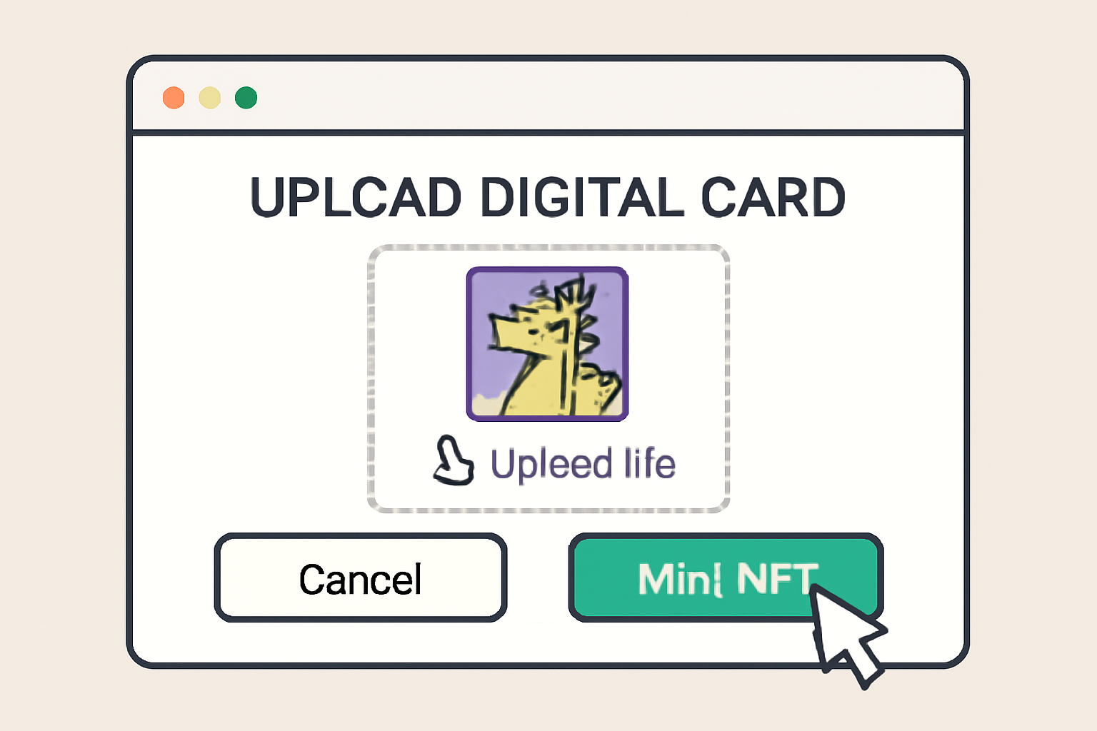 A user interface on a computer showing the process of uploading a digital card to an NFT marketplace, with a 'Mint NFT' button highlighted.