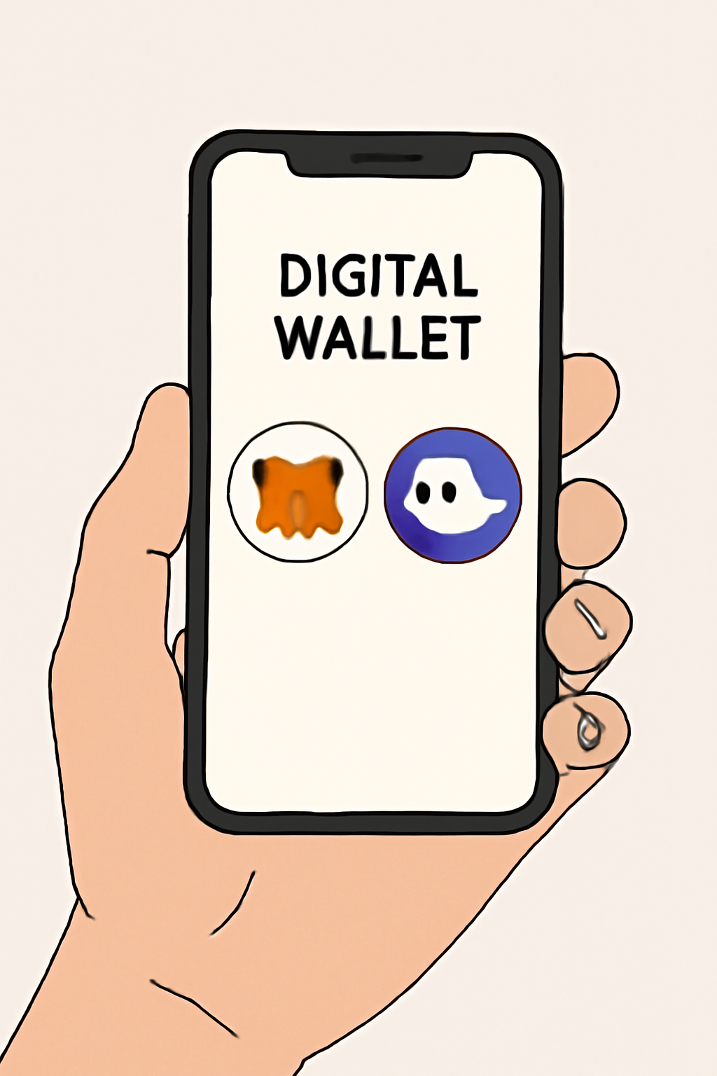 A hand holding a smartphone displaying a digital wallet app with MetaMask and Phantom icons visible.