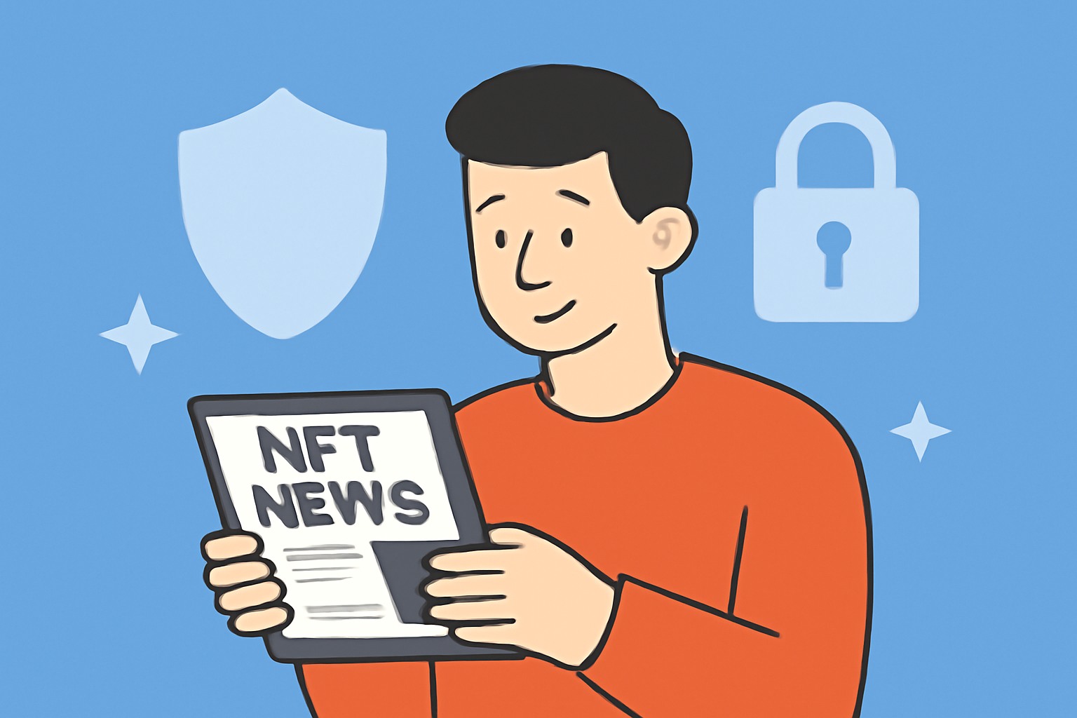 A person reading NFT news on a tablet, with security icons (shield, lock) in the background, representing staying informed and secure.