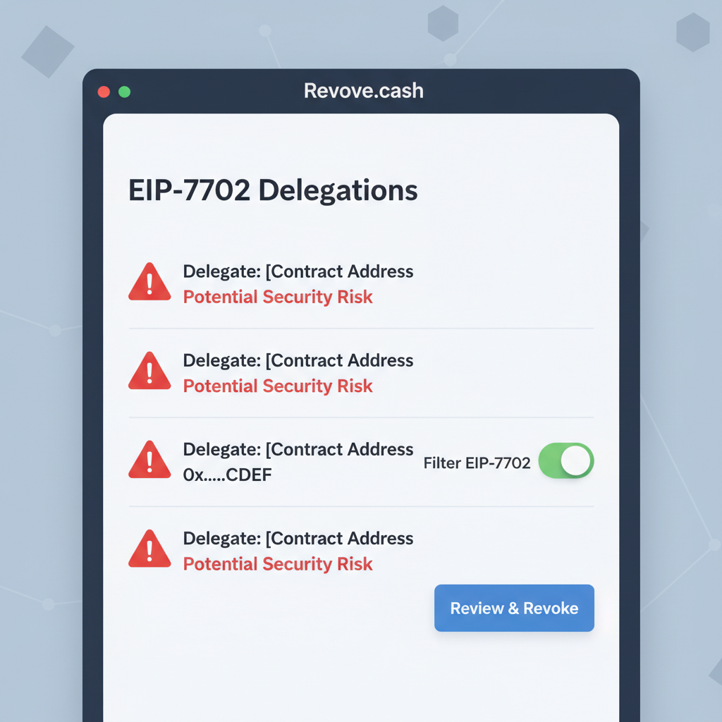 closeup of revoke.cash filtering EIP-7702 delegations, warning icons