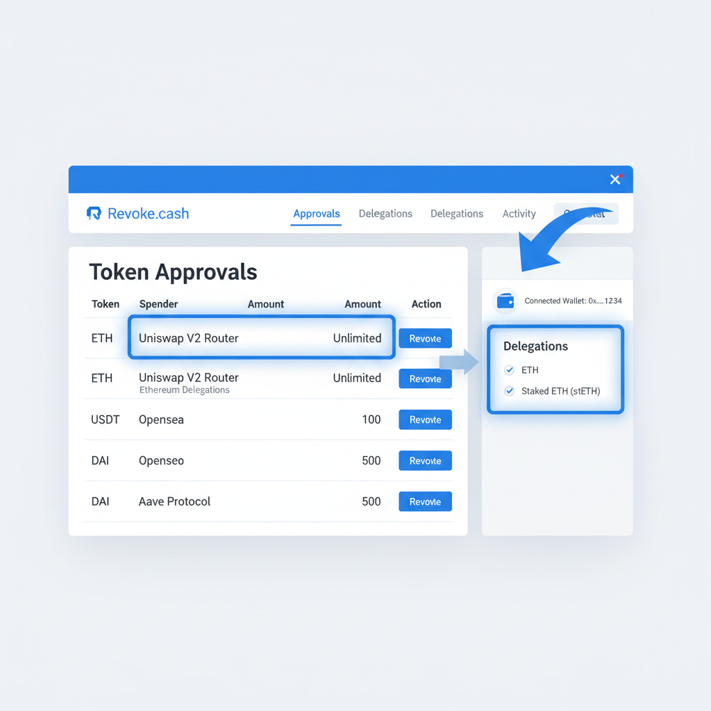 revoke.cash dashboard showing token approvals list, ethereum delegations highlighted