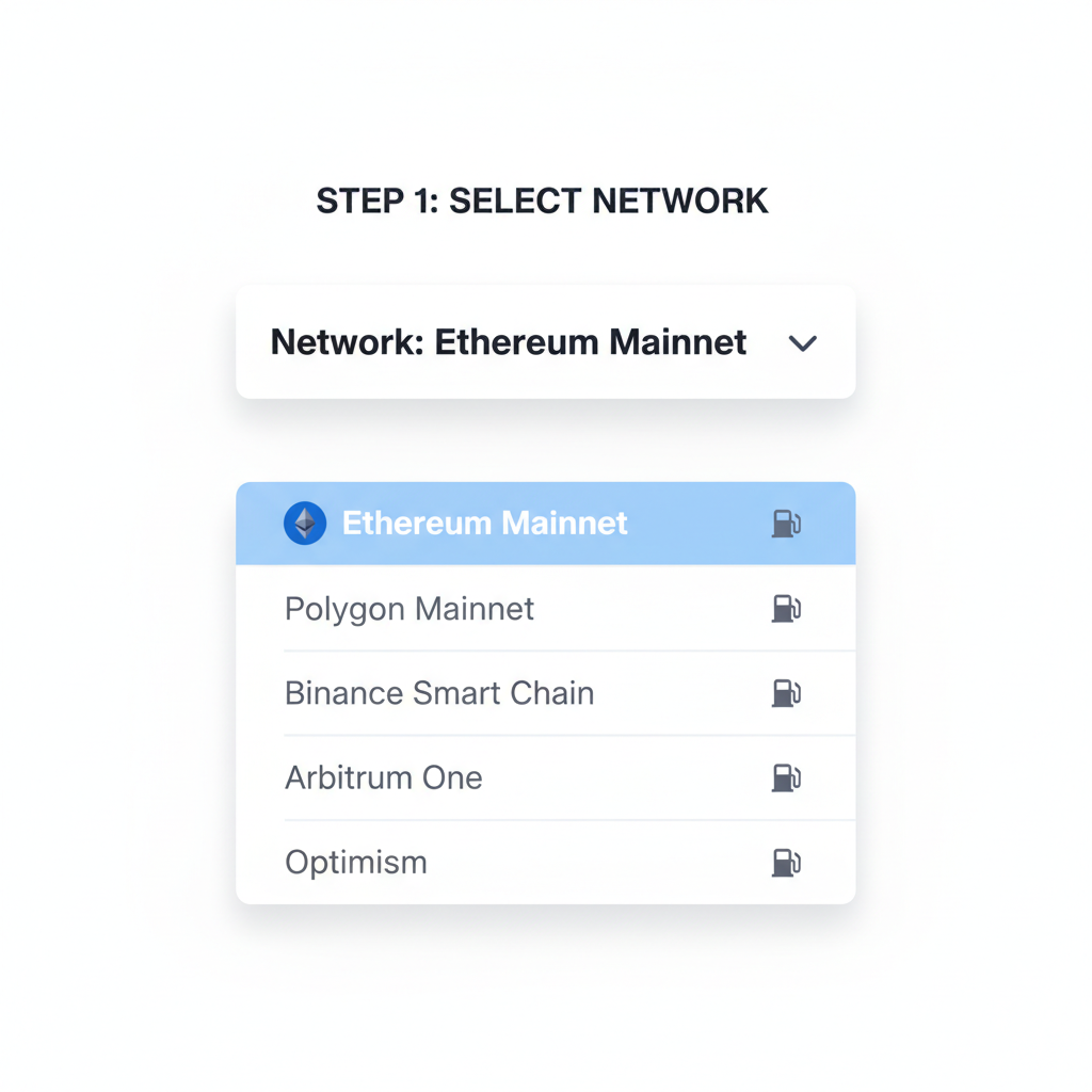 revoke.cash network selector on ethereum mainnet, simple dropdown UI