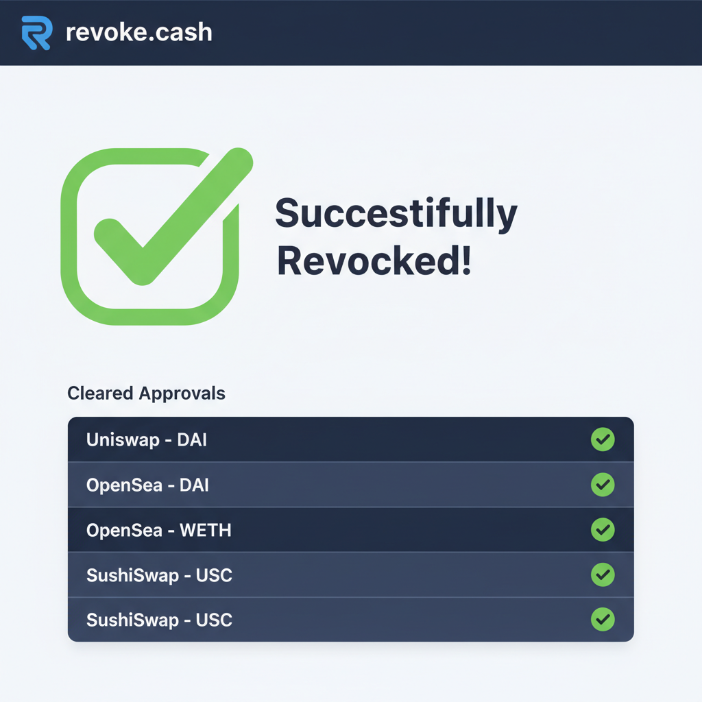 revoke.cash after revocation, green success checkmark on cleared list