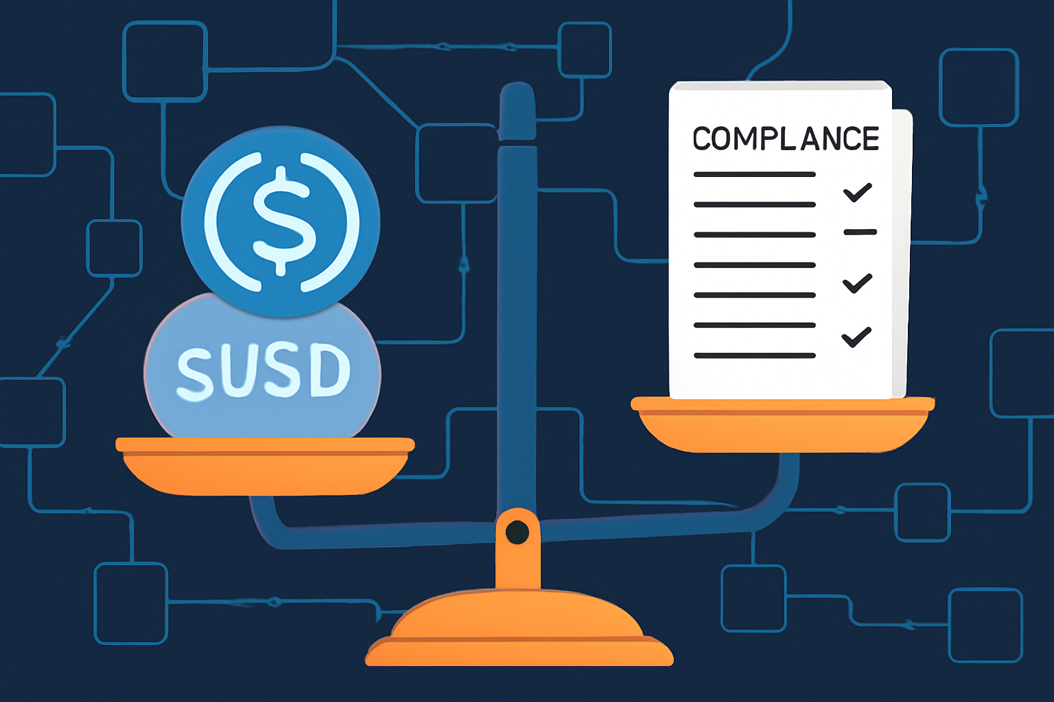 A balance scale with different stablecoins (USDC, sUSD) on one side and compliance documents on the other, set against a digital blockchain network background.