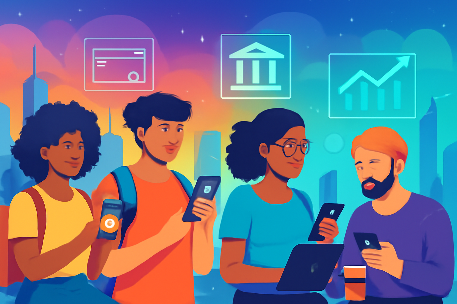 A diverse group of digital nomads and freelancers using mobile banking apps, with a futuristic city skyline in the background, vibrant colors, digital interface overlays.