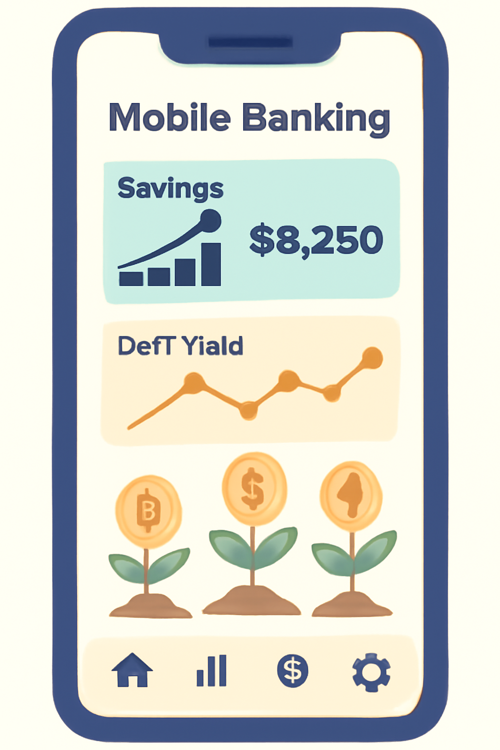 A mobile banking dashboard showing growing savings balances, DeFi yield charts, and digital coins sprouting leaves, symbolizing growth.