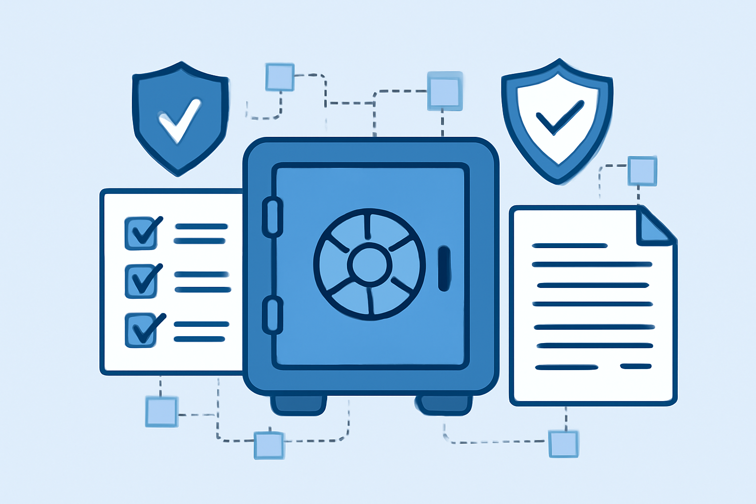 A digital vault surrounded by shield icons, audit checklists, and compliance documents, set in a secure blockchain environment.
