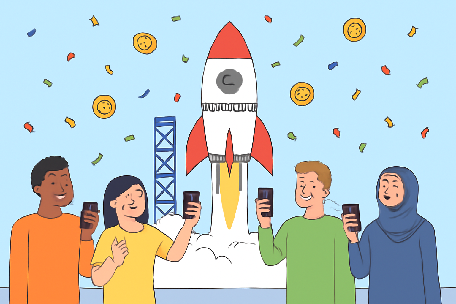 A launchpad with a rocket labeled 'Neobank' taking off, surrounded by users from different countries holding smartphones, confetti and digital coins in the air.