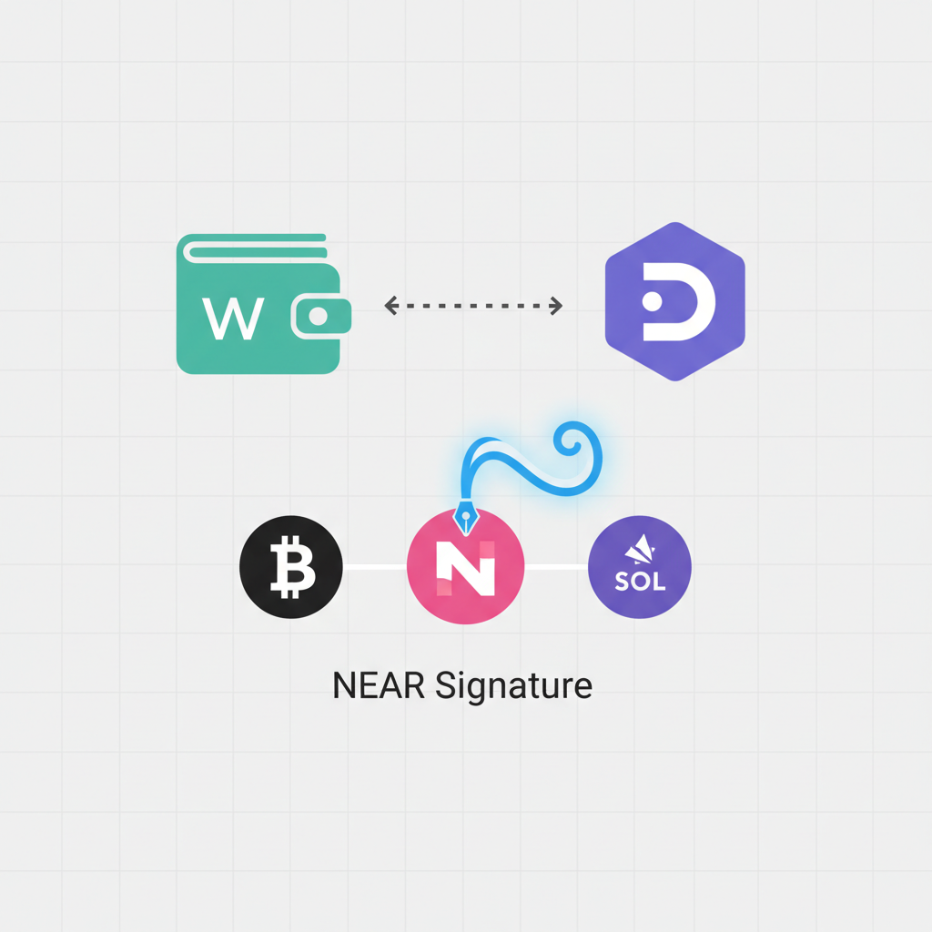 wallet connecting to dApp, BTC and SOL chain icons linking via NEAR signature