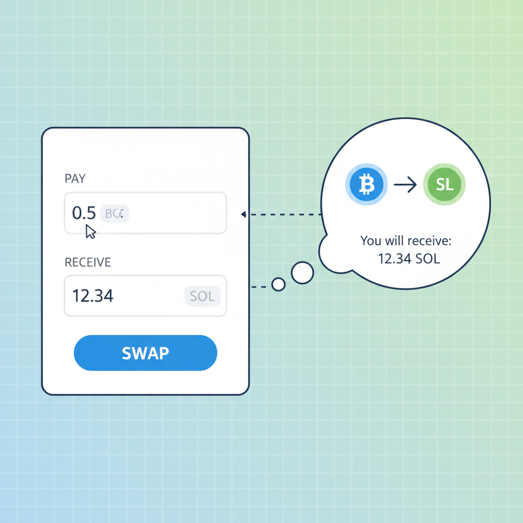 user typing BTC amount into swap form, intent outcome preview with SOL