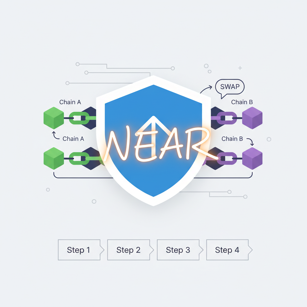 privacy shield icon over cross-chain swap diagram, NEAR signature glowing